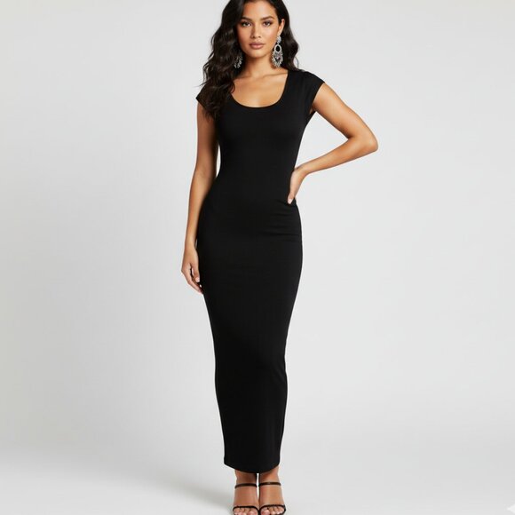 Aritzia Babaton Midi Dress Black Stretch Modal scoop neck Short Sleeve Size XXS - Picture 1 of 14